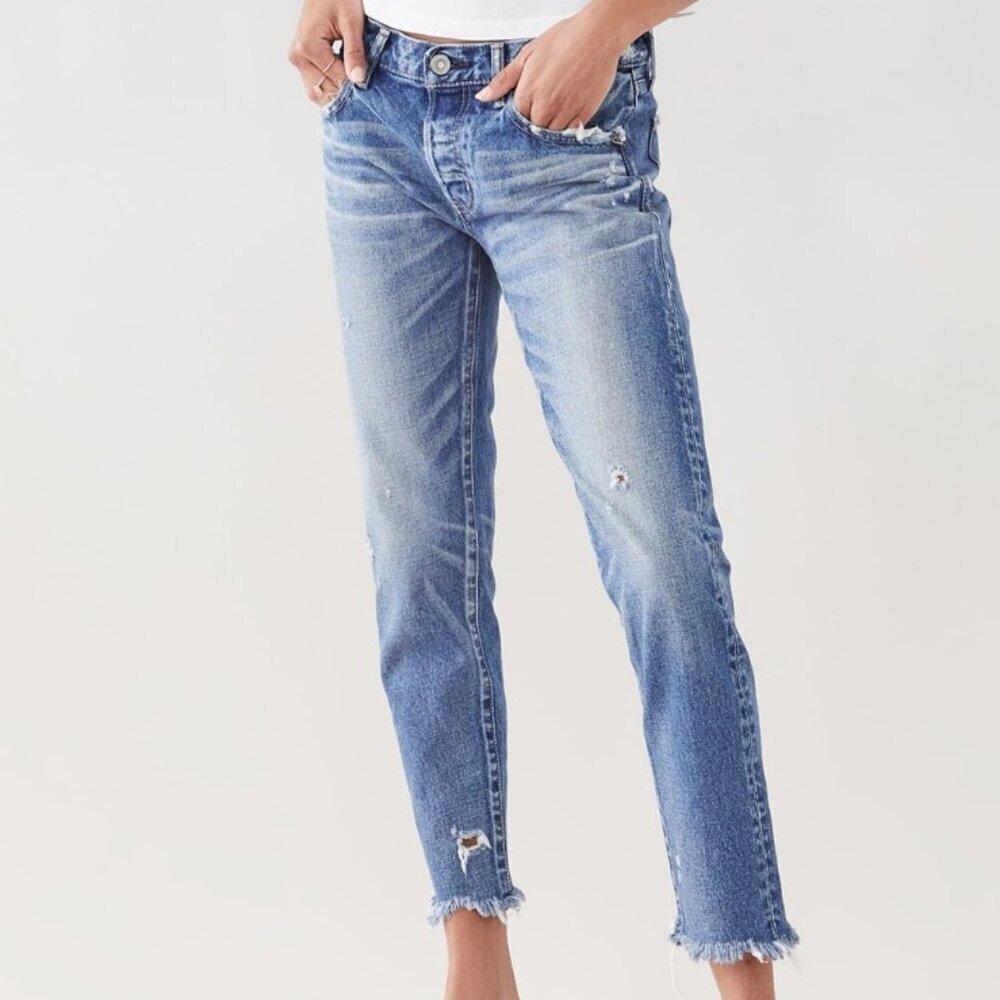 Moussy Straight Distressed Tapered Button Fly Raw Hem Jeans - Size 25